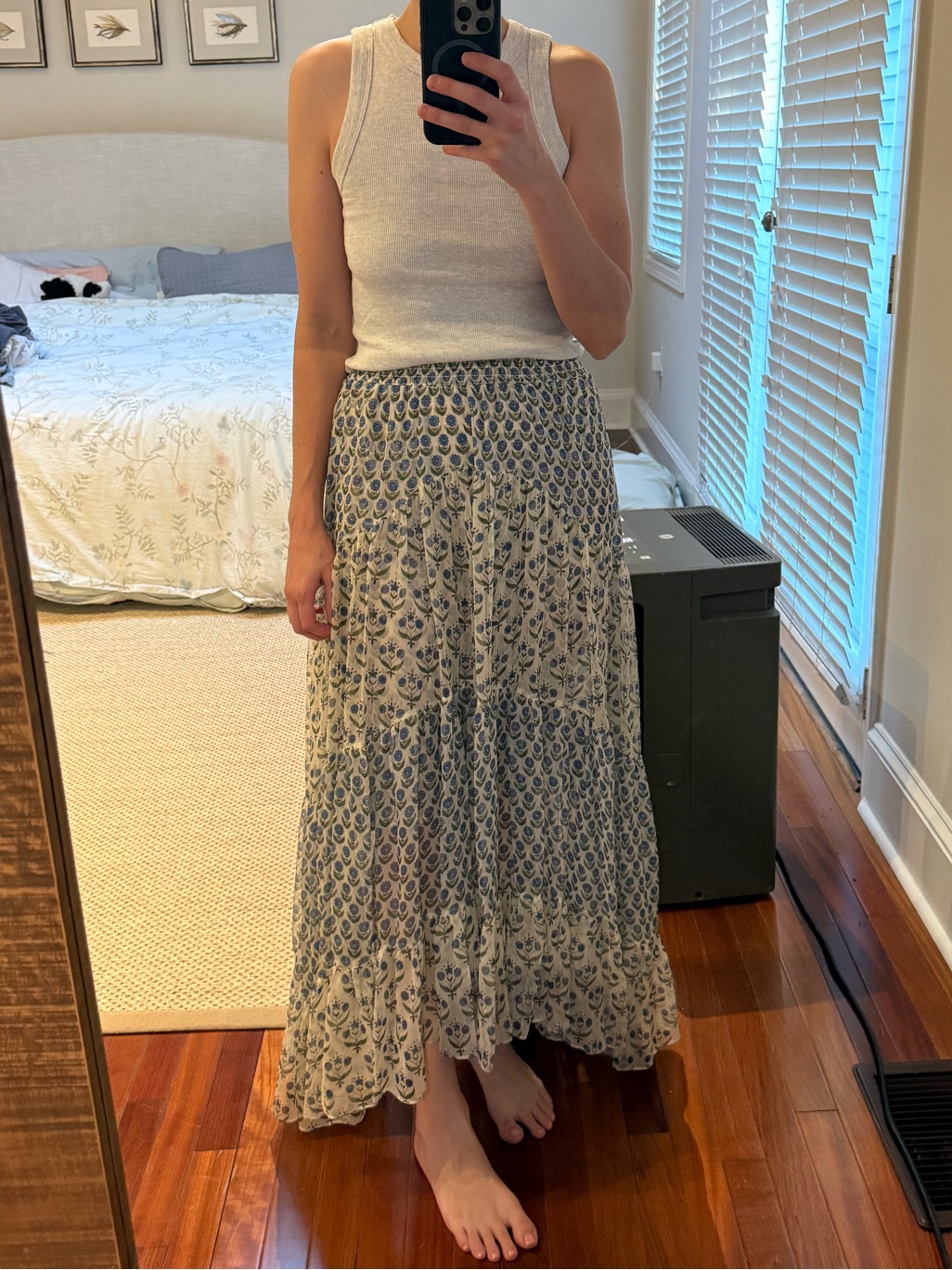 Women's Blue And Cream Printed Tiered Maxi Skirt